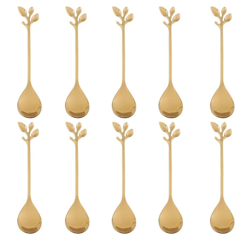10 Pcs Stainless Steel Gold Leaf Coffee Spoon